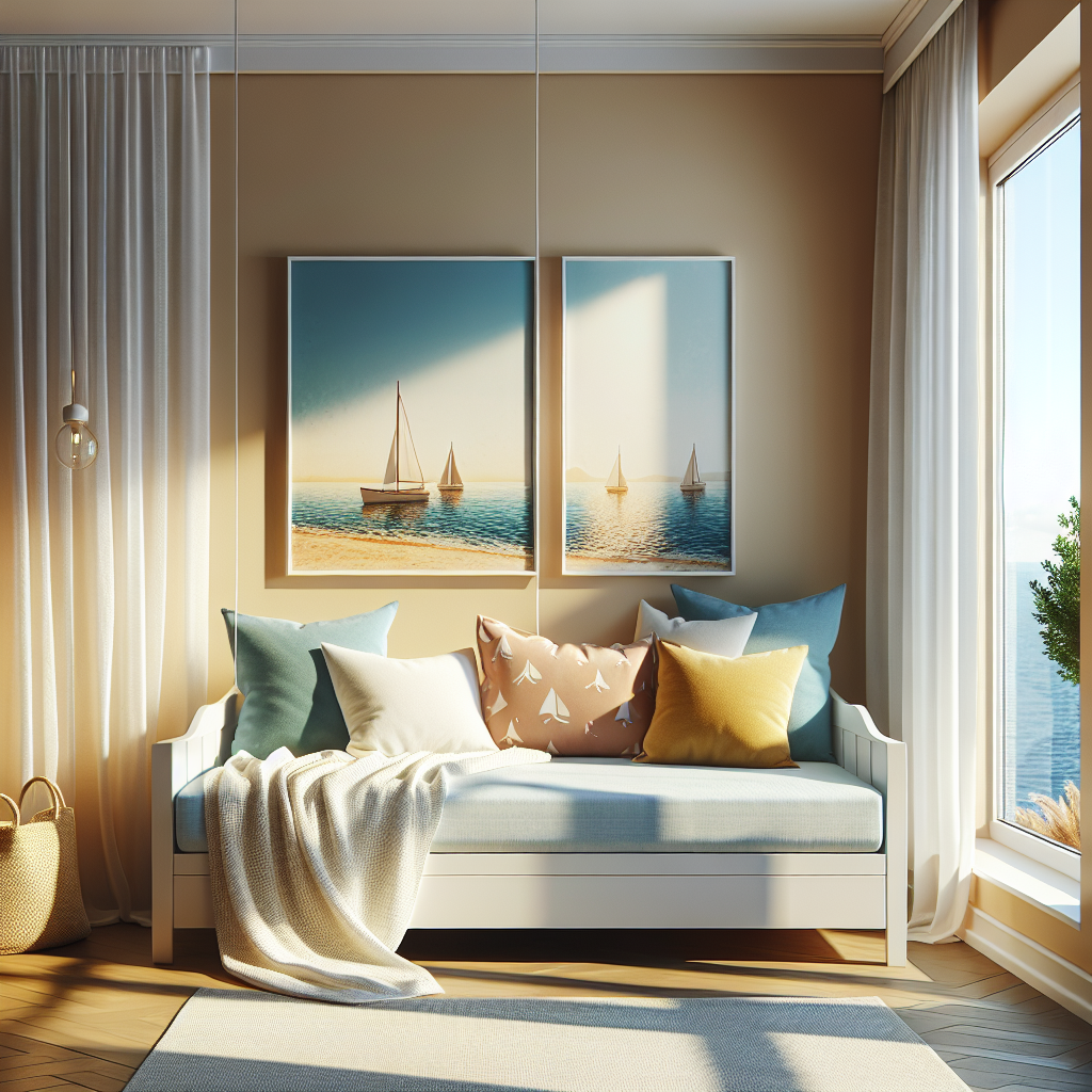 Modern white daybed with coastal-themed cushions in a sunlit bedroom overlooking the beach, with sailboat paintings above.