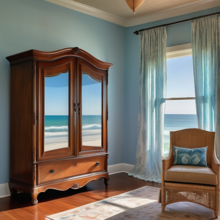 An elegant armoire in a sunny room adorned with coastal decorations, highlighting a serene Corpus Christi interior.