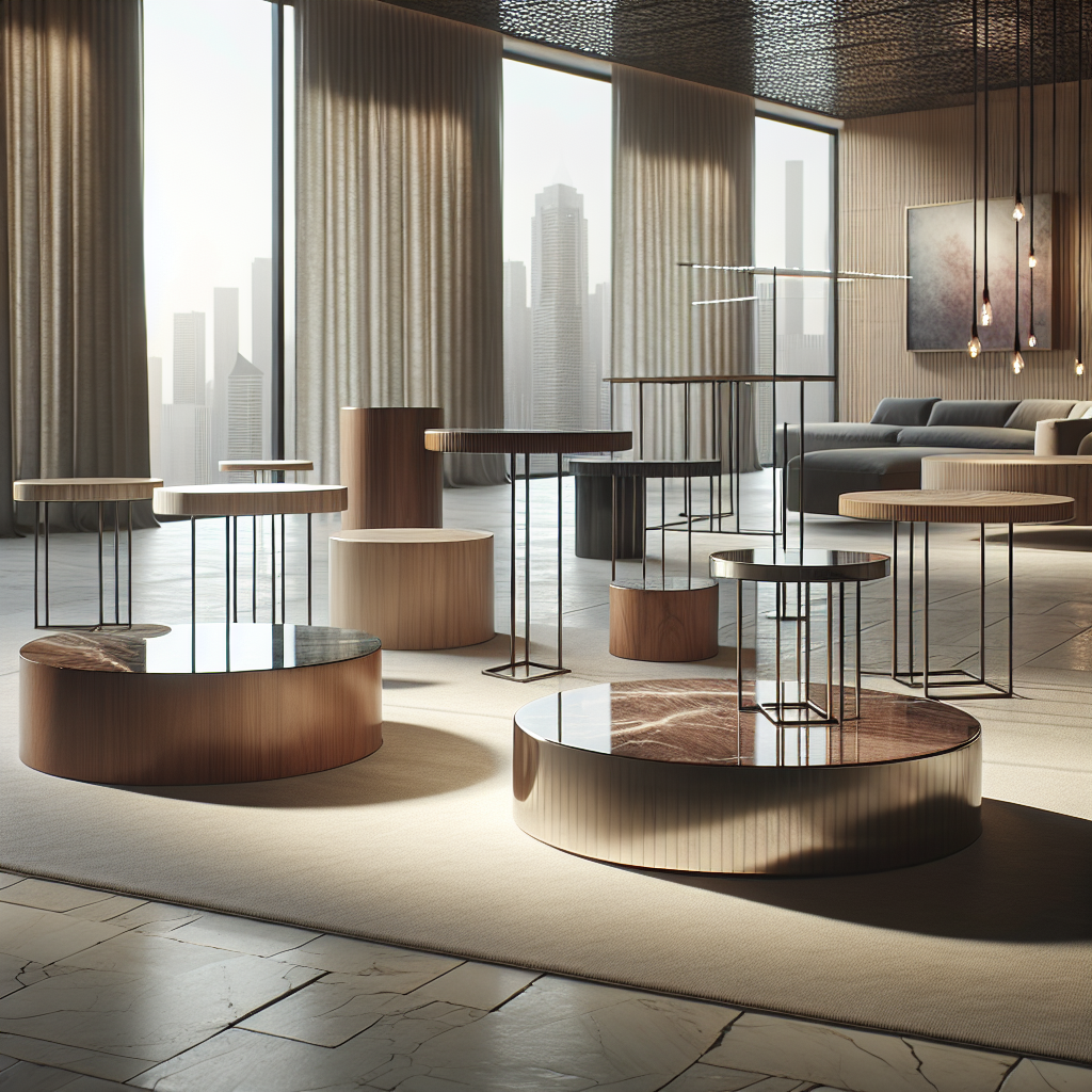 Chic coffee table sets displayed in a bright showroom with a Corpus Christi skyline silhouette in the background.