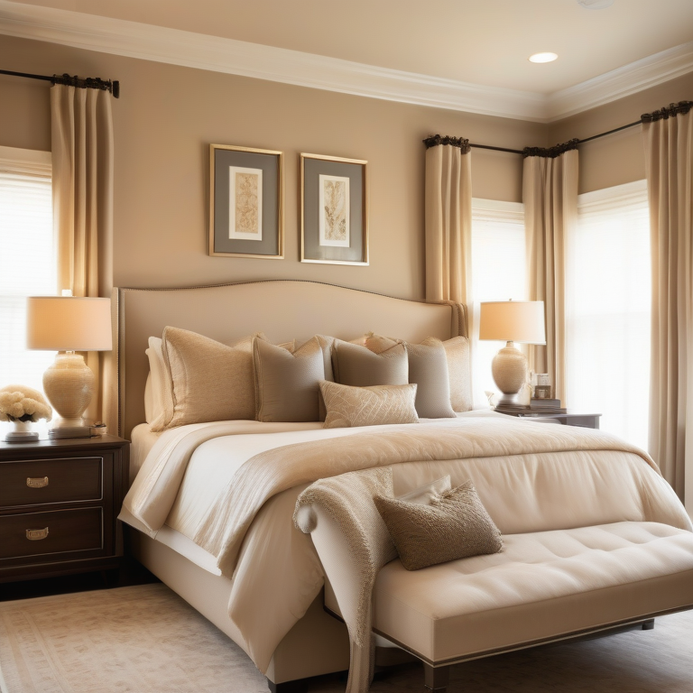 Elegant bedroom with a king-size bed, warm lighting, and a serene ambiance.