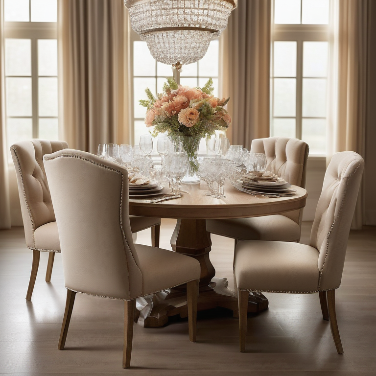 Alt text: Elegant dining room with oak table set, natural lighting, and warm ambiance.