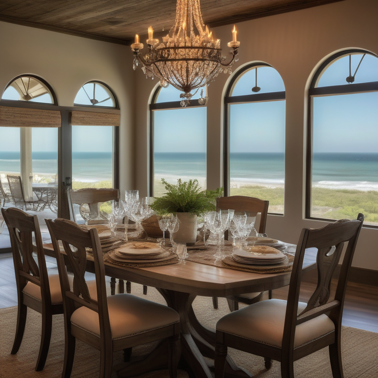 Elegant dining room with a rustic table, sophisticated place settings, and a serene ocean view in Corpus Christi.