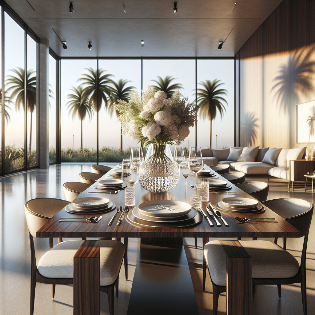 Modern dining set in a room with natural light and a view of palm trees, set for an intimate meal.