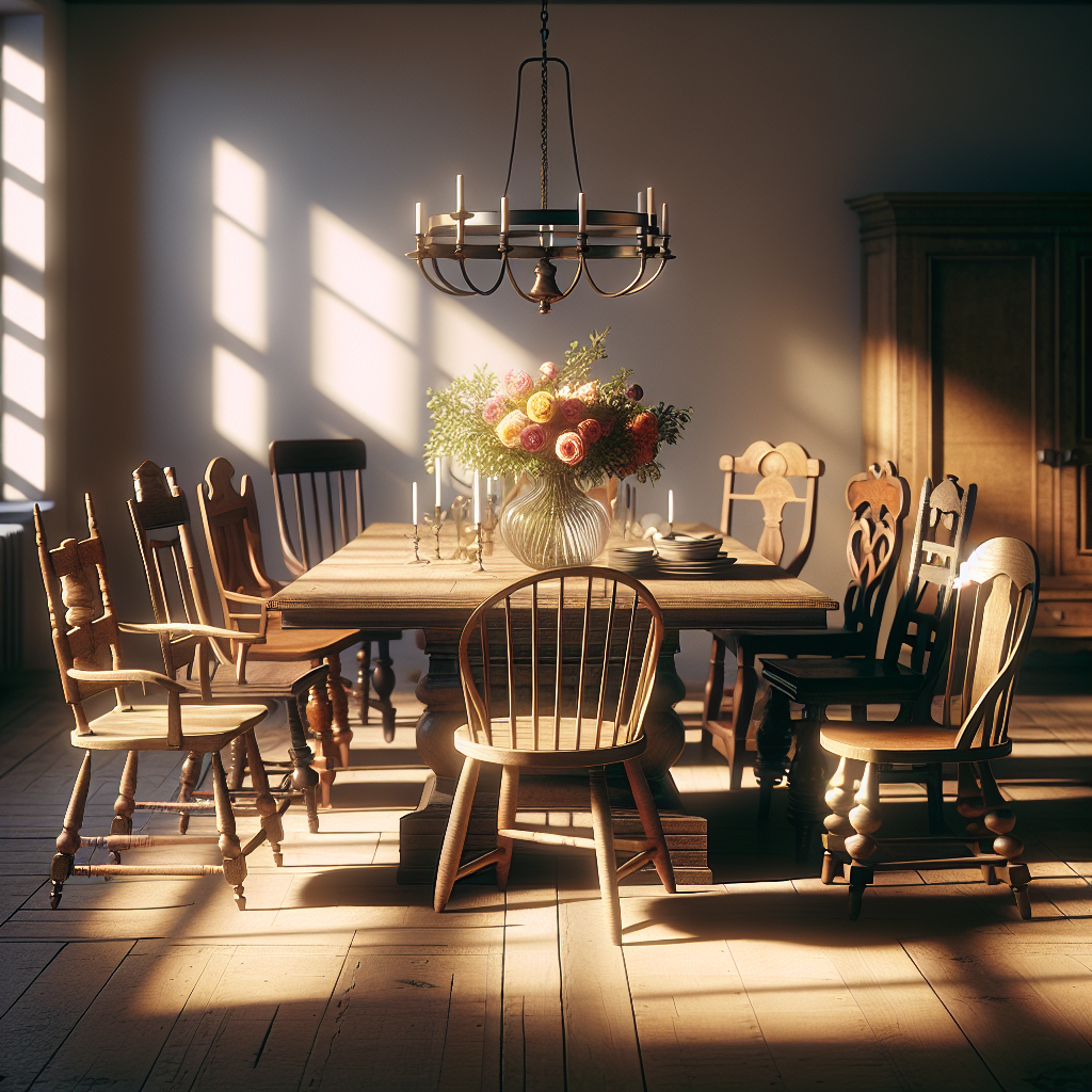 Variety of ten dining chairs around a wooden table in a sunlit room with a floral centerpiece.