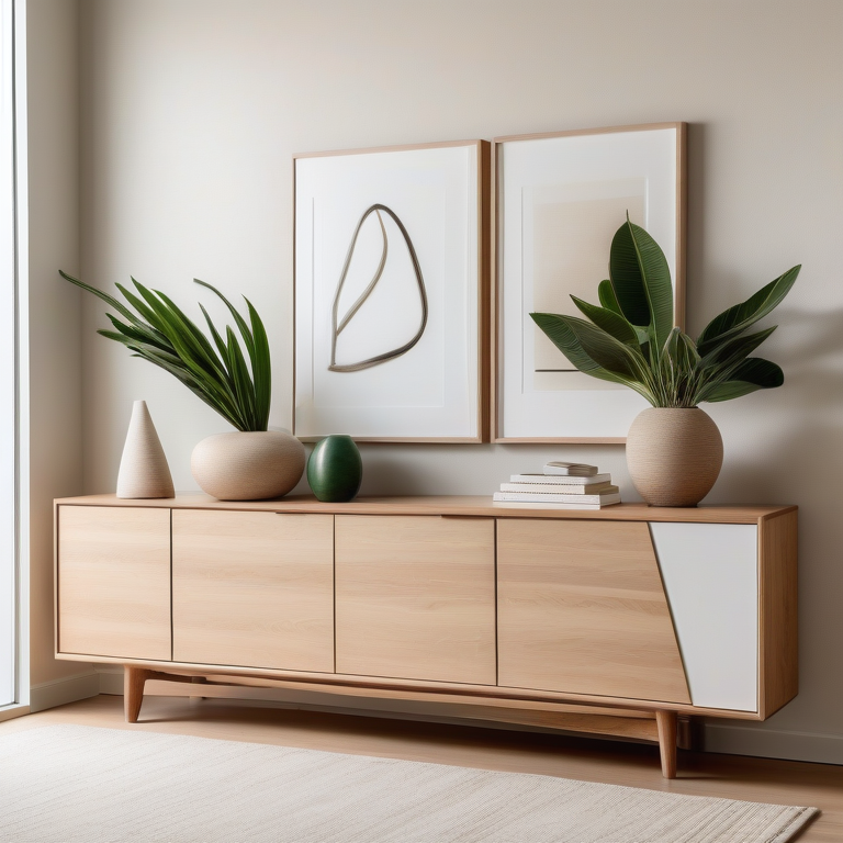 Modern white and wood sideboard with simple decor in a bright, elegantly styled room.