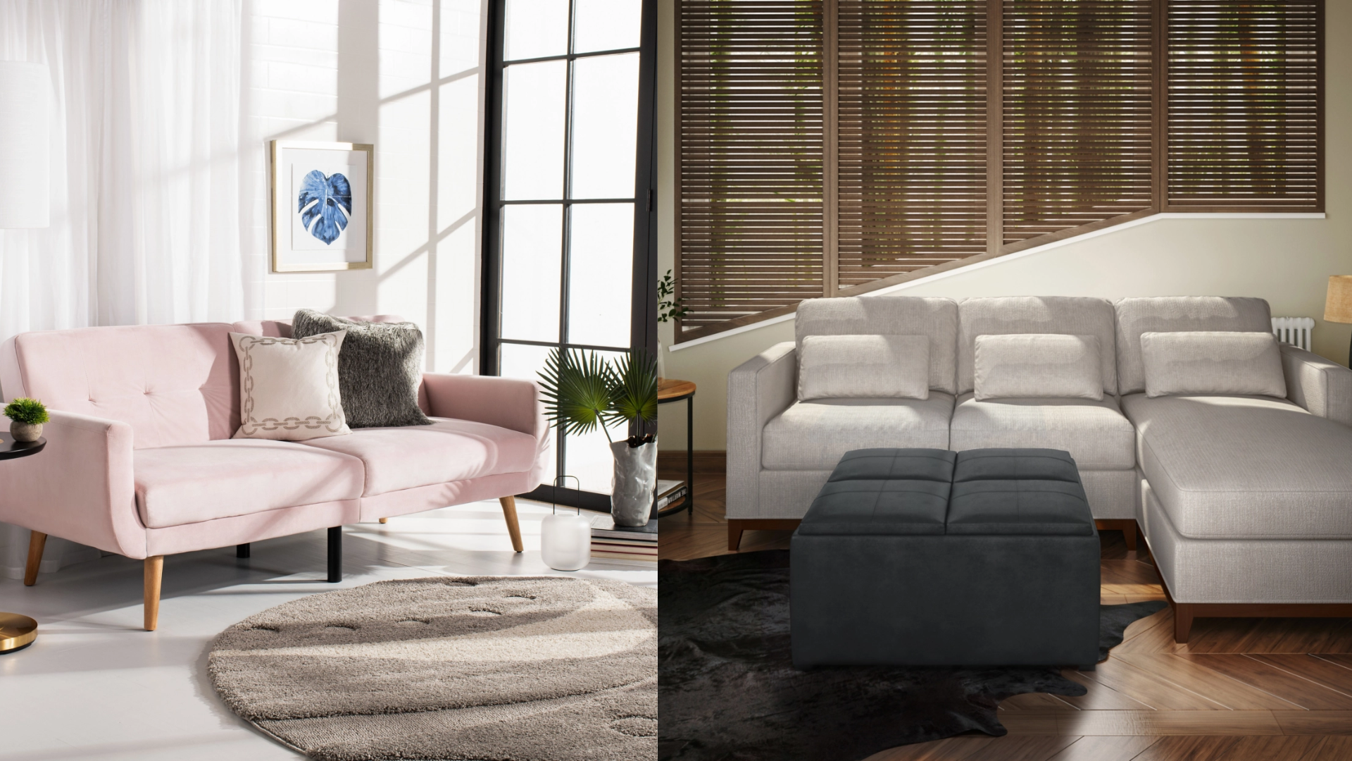 Safavieh Bushwick Futon Bed (L) and Simpli Home Avalon Coffee Table Ottoman (R)