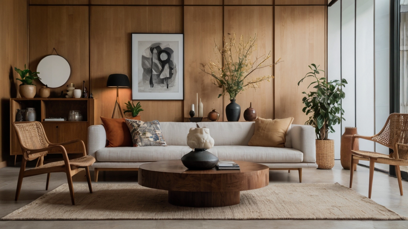 Japandi Room with rattan and mid-century modern furniture