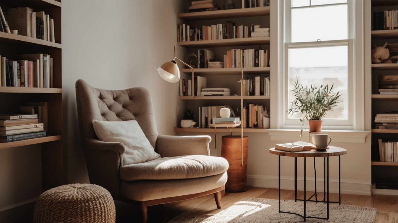 Stylish reading nook with books