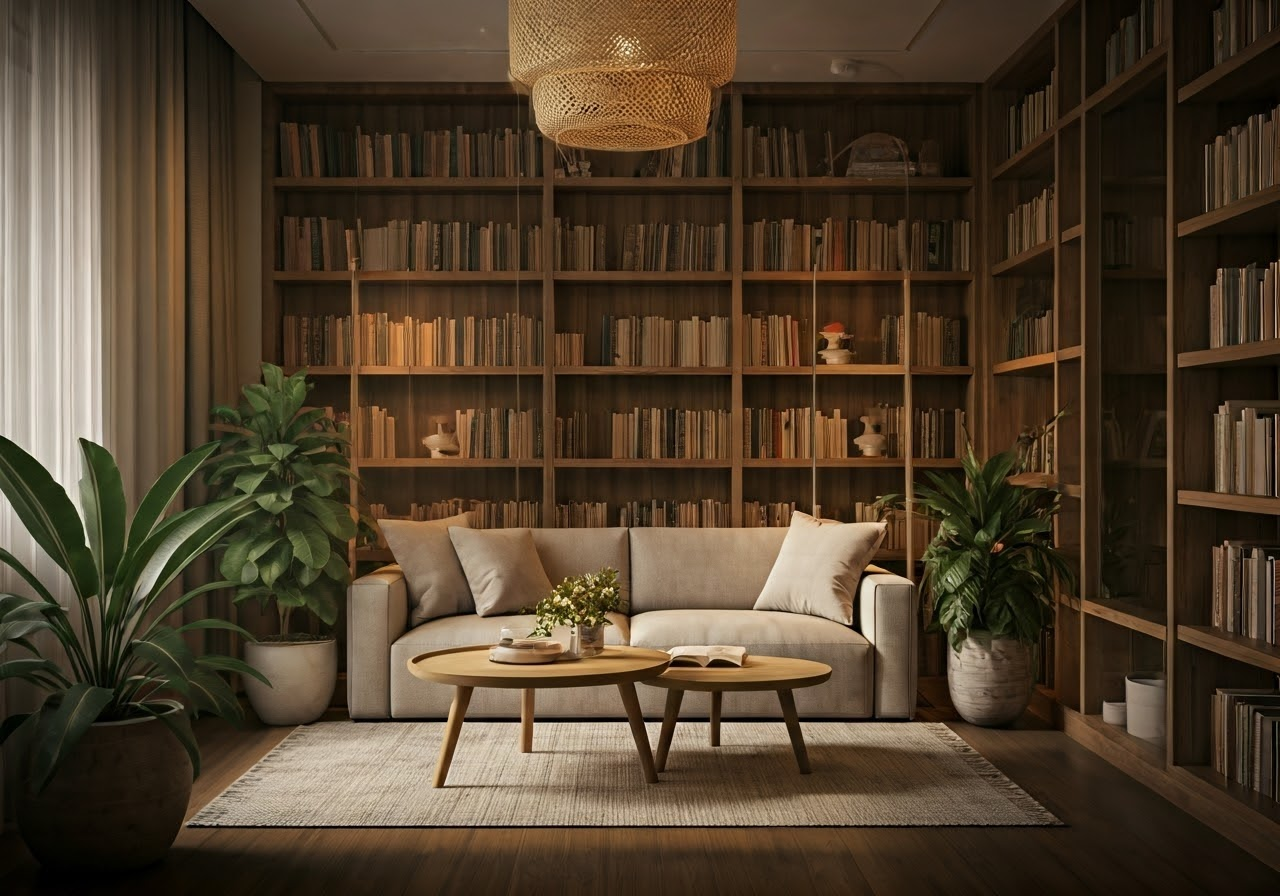 Serene reading nook with bookshelves