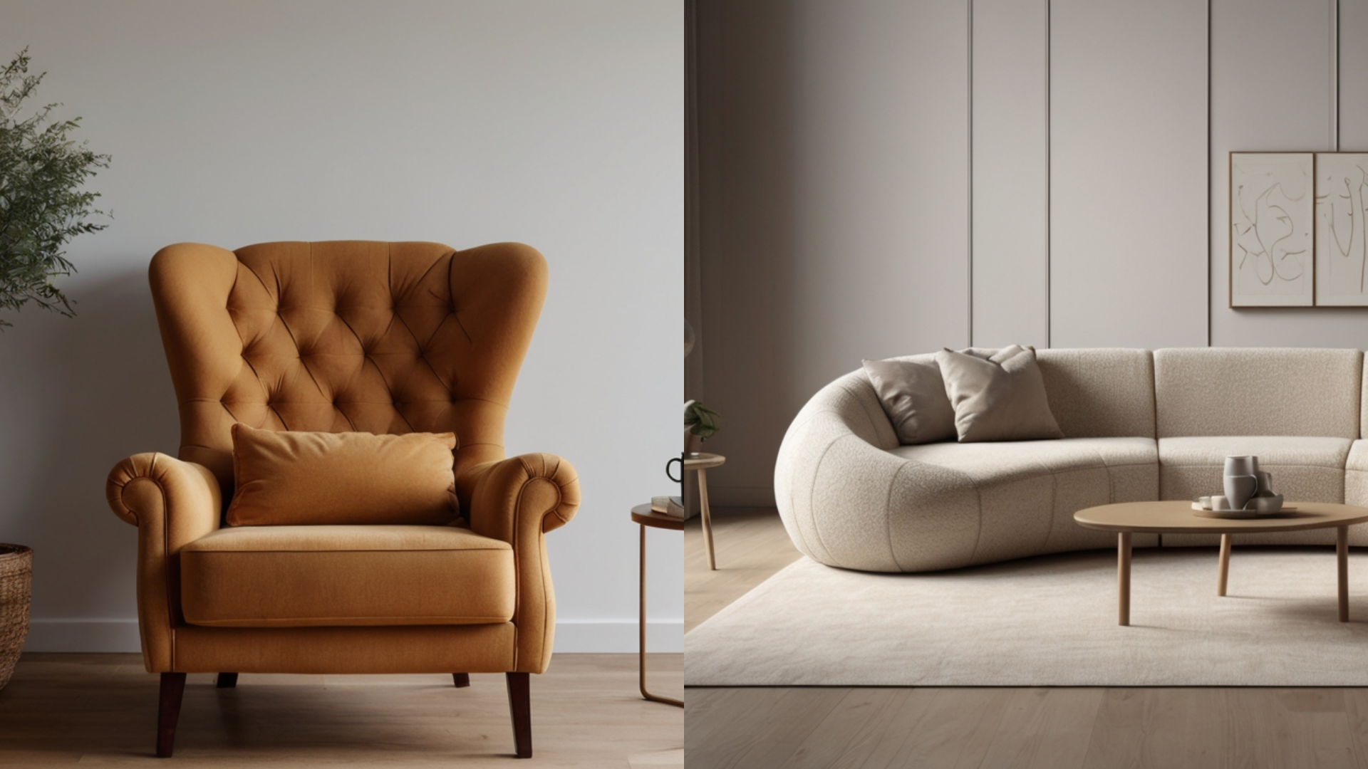 Timeless Wingback Chair (L) and Trendy Boucle Curved Sofa (R)