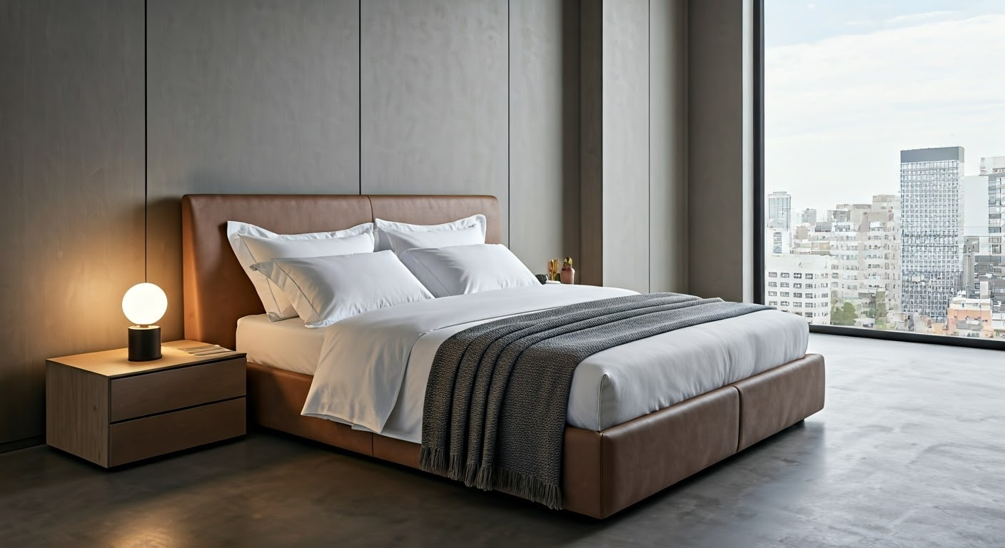 Modern bed in minimalist bedroom
