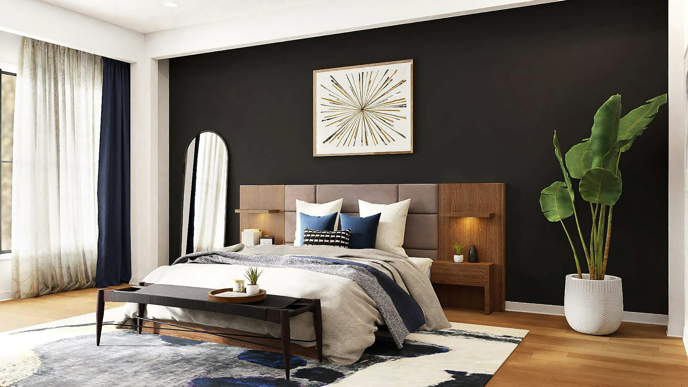 Stylish bedroom with bed and nightstands by Spacejoy