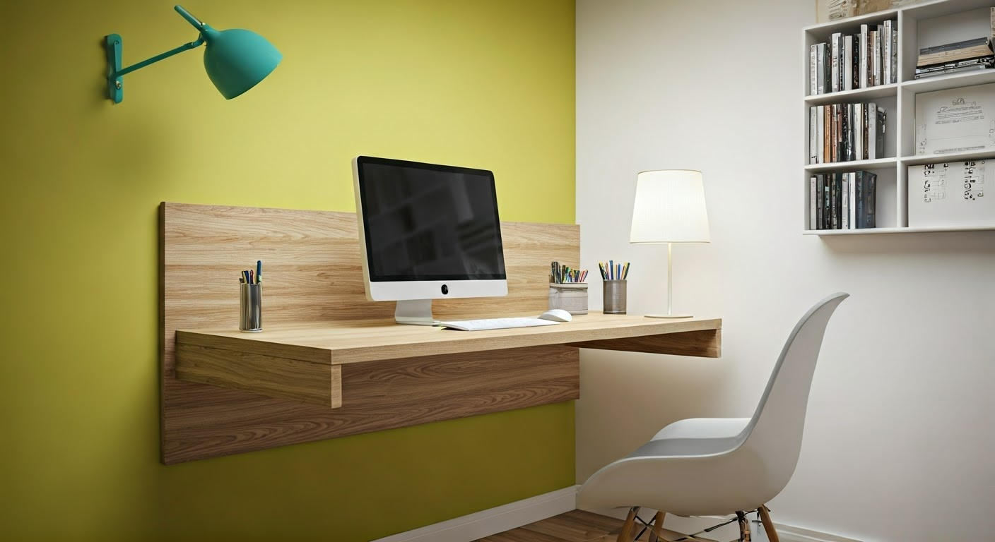 Wall-mounted desk in a small office