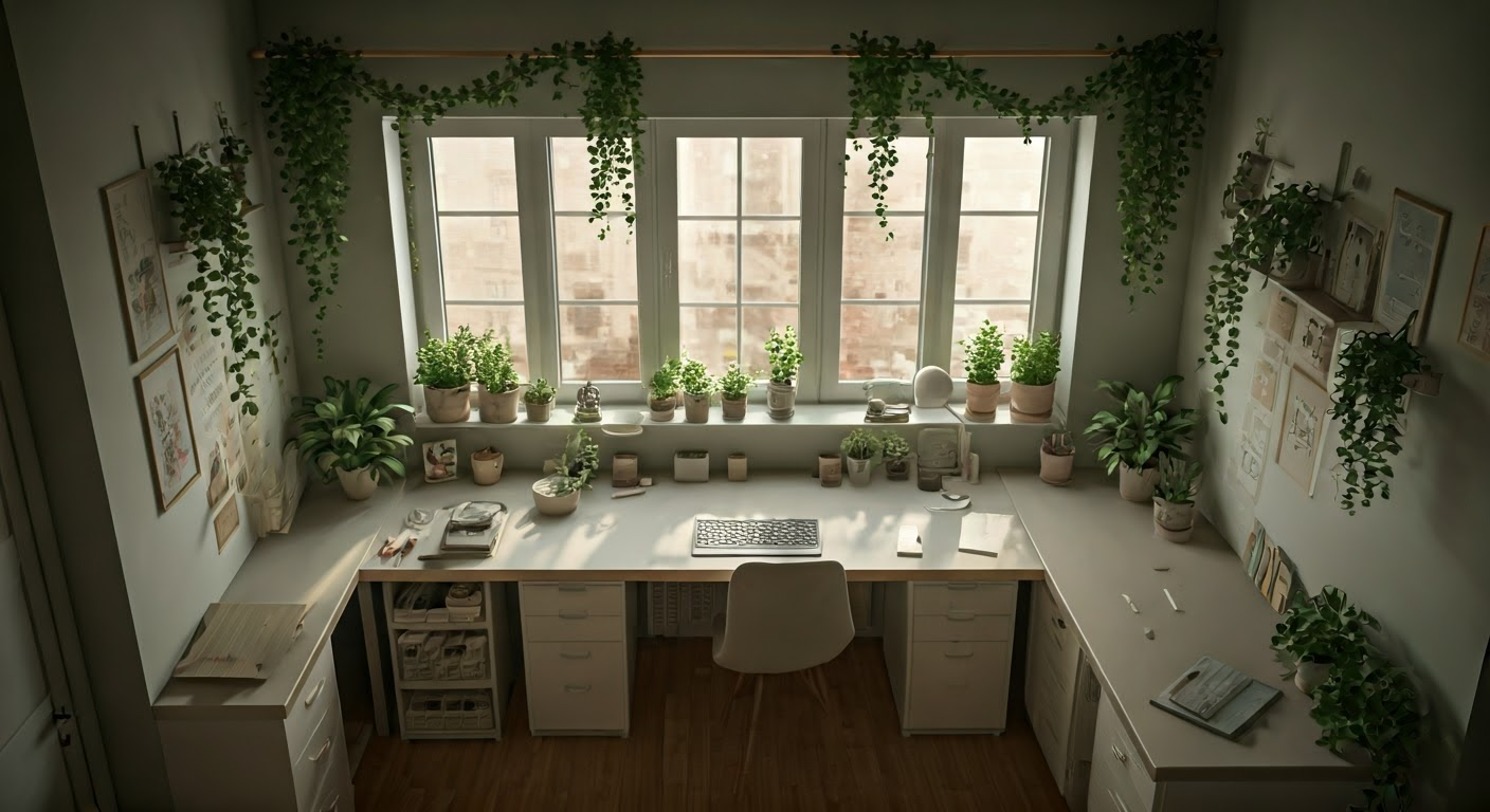 Stylish compact workspace with greenery