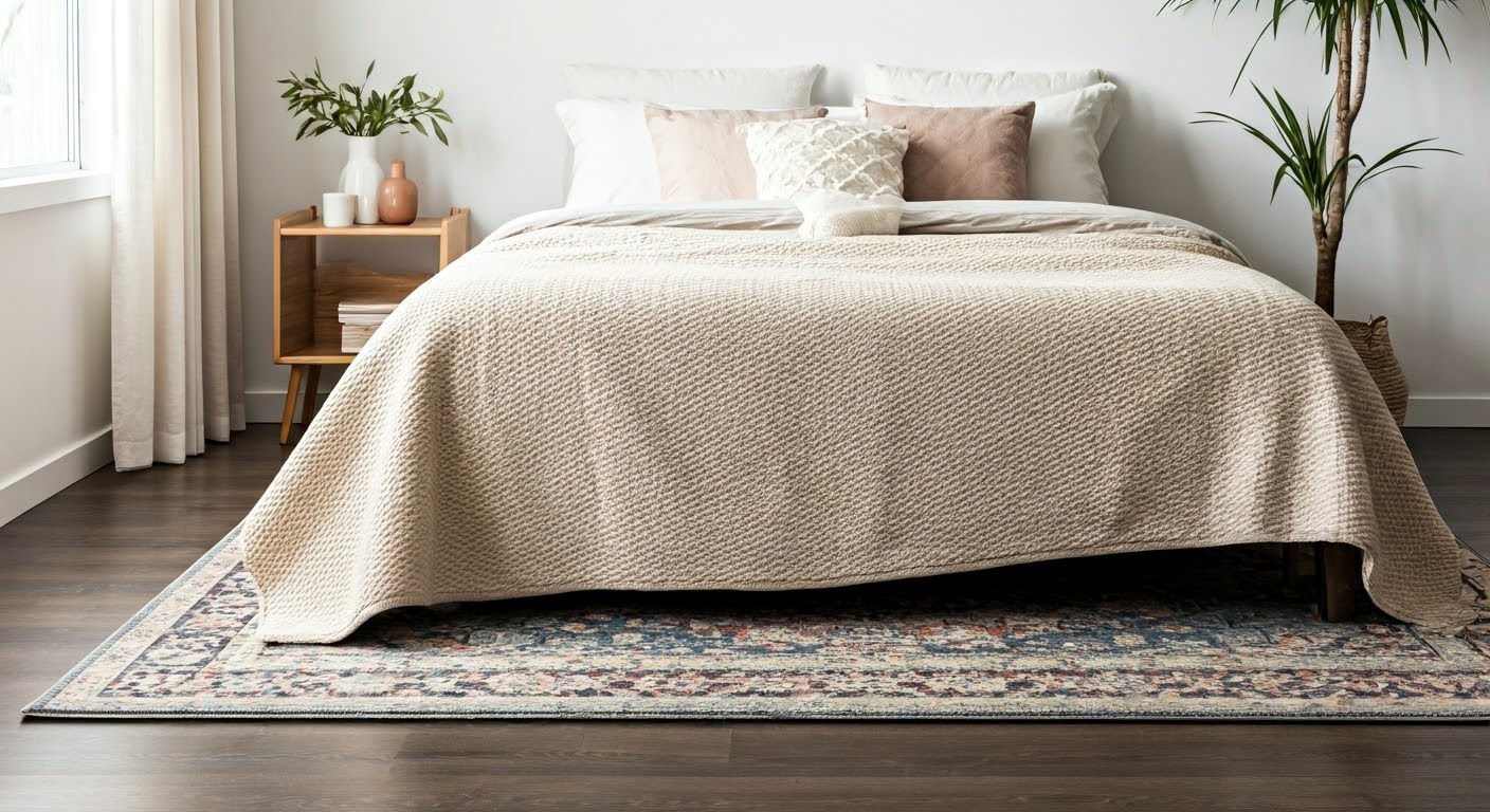 Layered rug in a stylish bedroom