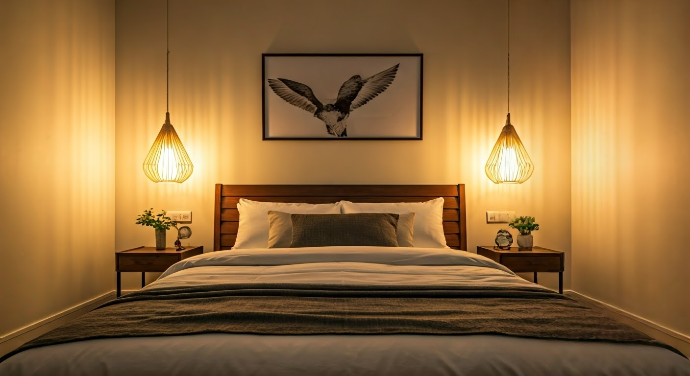 Layered lighting in a bedroom