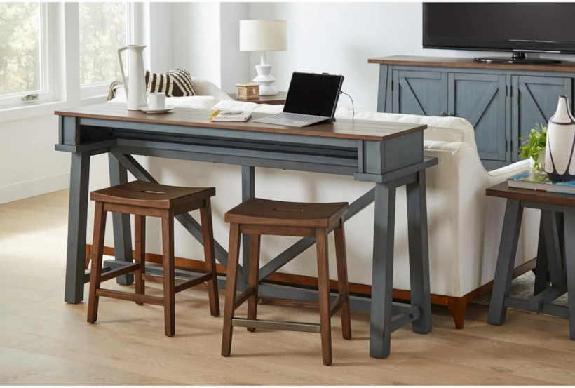 Joanna Farmhouse Blue Wood 68" Sofa Table Bar With 2 Stools by Living Spaces