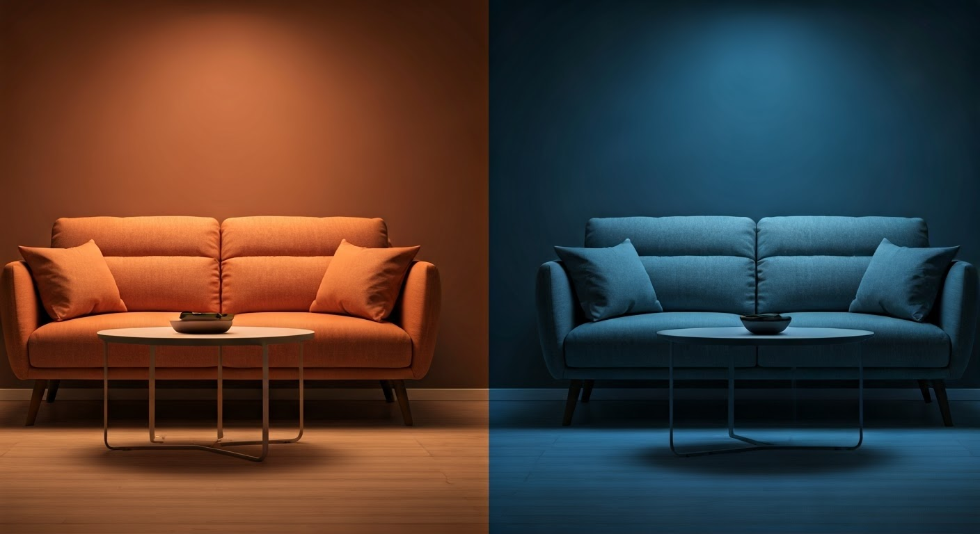 Living room with warm and cool lighting