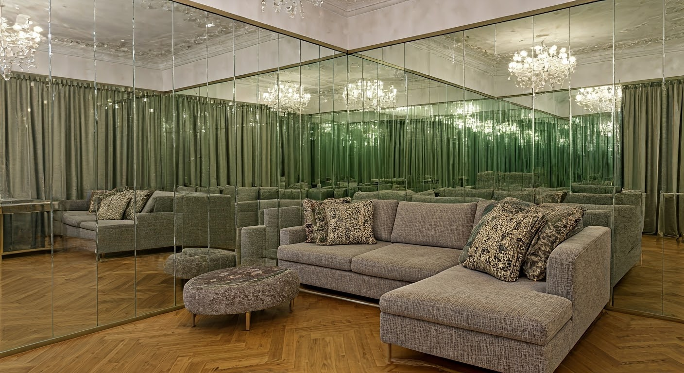 Room with mirrors and sectional sofa