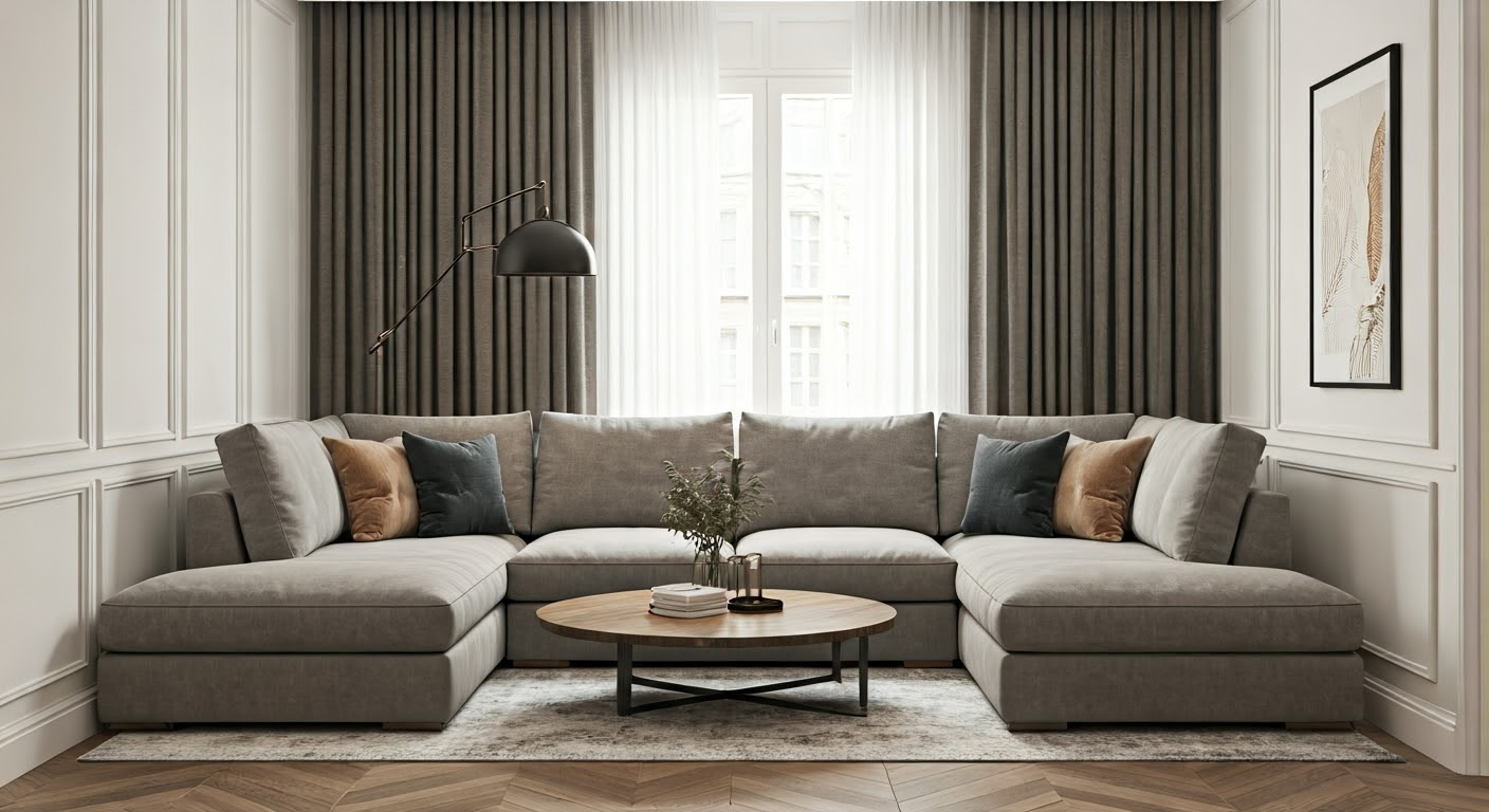 Stylishly arranged sectional in narrow room