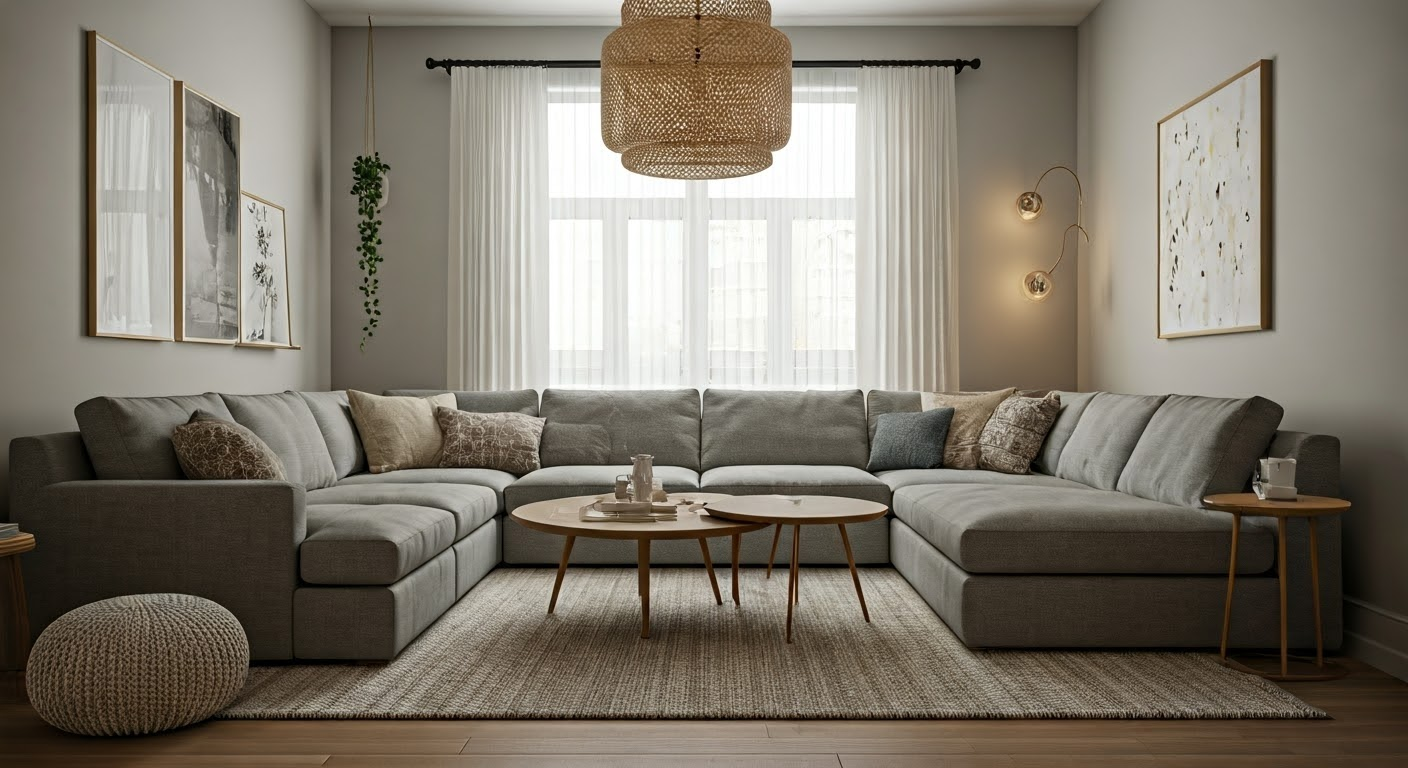 Stylishly arranged sectional in narrow room