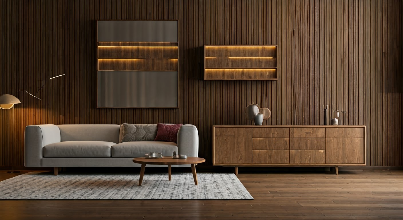 Stylish living room with diverse wood tones