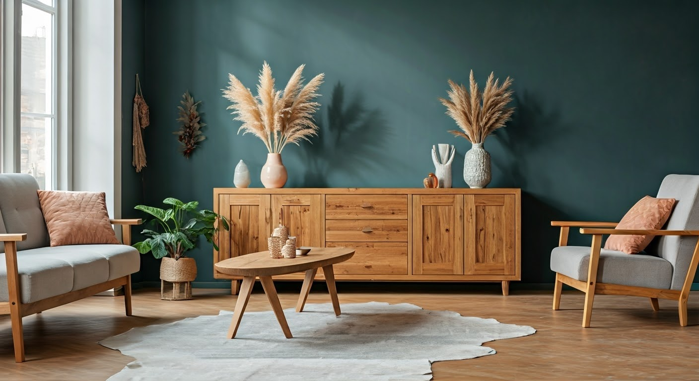 Cozy living room with wood tones